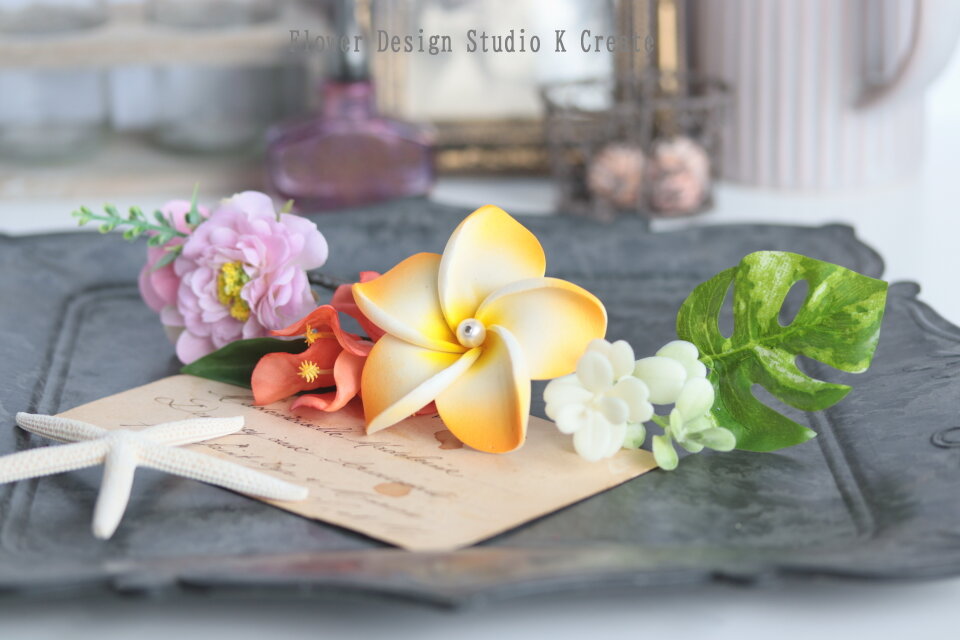 オレンジのプルメリアとブーゲンビリアのヘッドドレス 結婚式 紫陽花