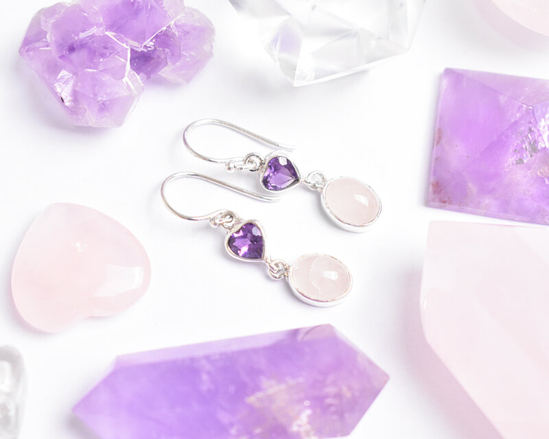 ハートのアメジストとローズクォーツのゆらゆらシルバーピアス　シルバー925　アメシスト　天然石