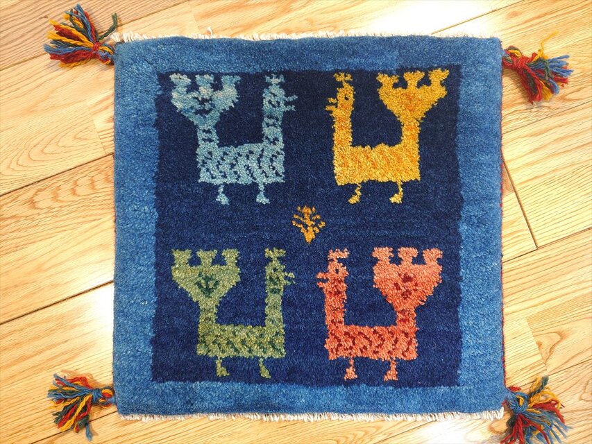 ペルシャ　ギャッベ ミニマット　ラグ　41.5×39.5㎝　孔雀　紺色　青色　T8309