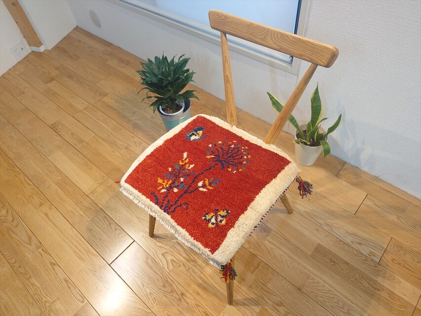 ペルシャ ギャッベ ミニマット ラグ 42.5x38.5cm コスモス 花 蝶