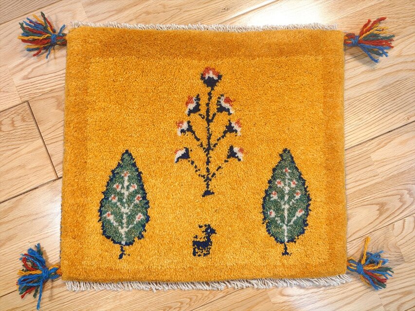 ペルシャ　ギャッベ ミニマット ラグ　43x38cm　黄金色　オレンジ　糸杉　T9761