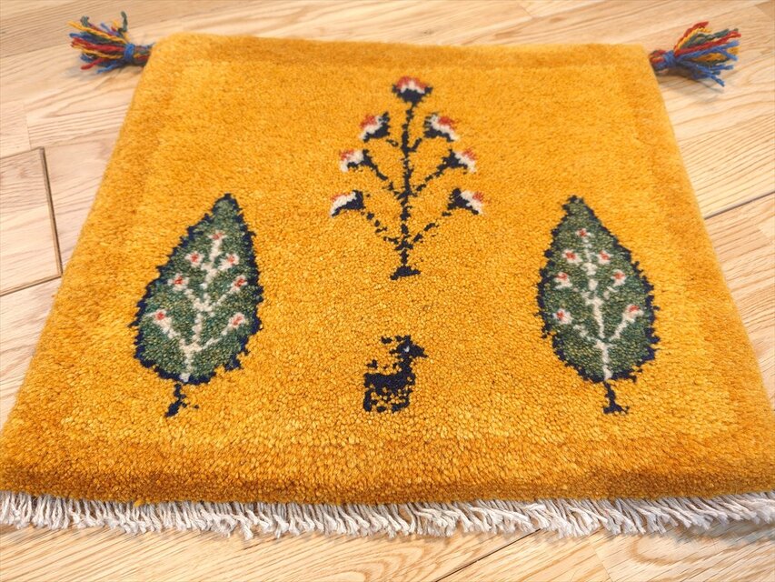 ペルシャ ギャッベ ミニマット ラグ 43x38cm 黄金色 オレンジ 糸杉