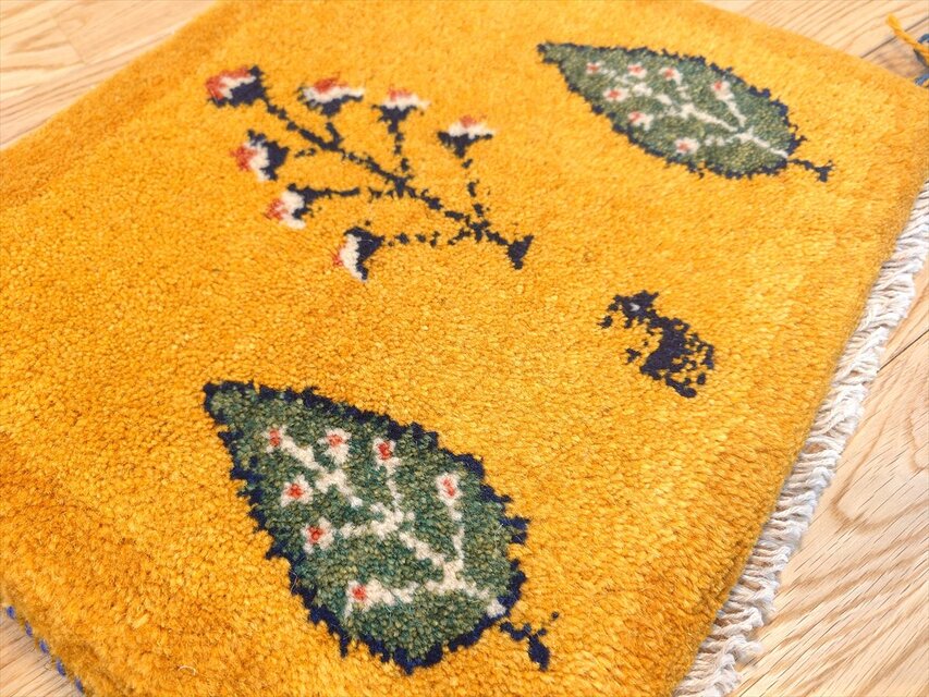 ペルシャ ギャッベ ミニマット ラグ 43x38cm 黄金色 オレンジ 糸杉