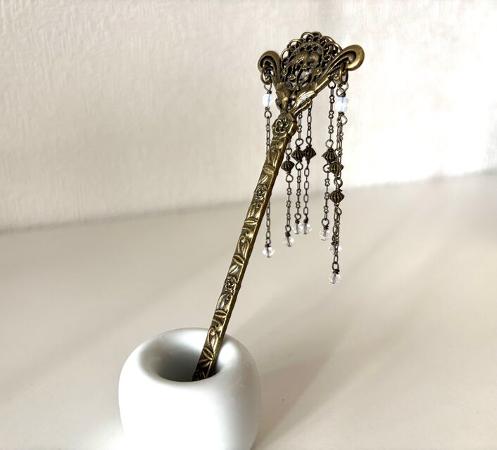 かんざし 鳥 細工 アンティーク かんざし 真鍮古美の鳥模様のアジアンアンティーク風簪 一本簪