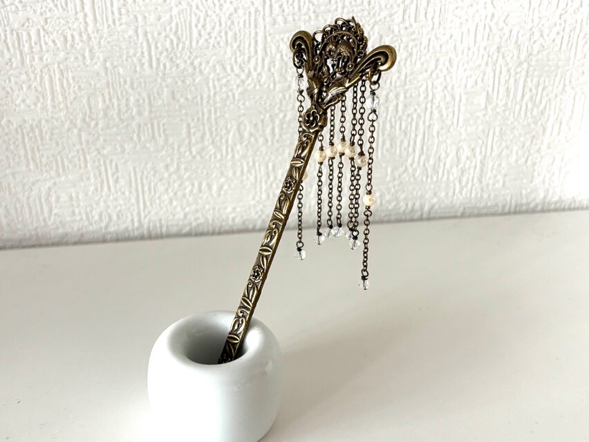 かんざし 真鍮古美の鳥模様のアジアンアンティーク風簪 一本簪 一本