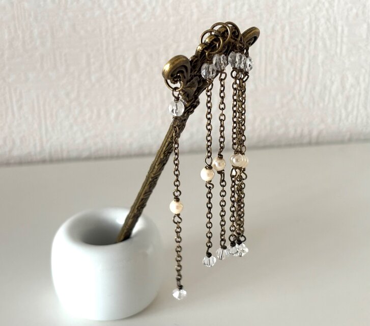 かんざし 真鍮古美の鳥模様のアジアンアンティーク風簪 一本簪 一本