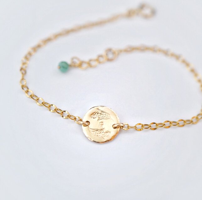 《選べるイニシャル》ミモザ コインブレスレット プレート 誕生石付 14kgf  誕生花 ご褒美 ギフト