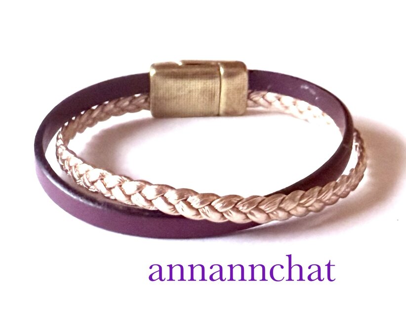 【ヨーロッパ製本革 　濃紫・三つ編み　ローズゴールド　二連ブレスレット②】マグネット留め