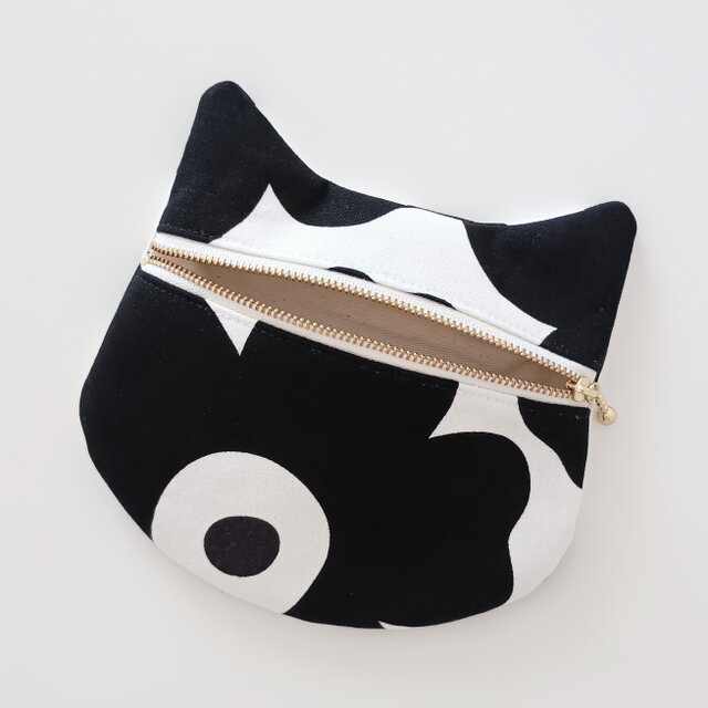ねこポーチ 16cmファスナー モノトーン 花柄 フラットポーチ プチ