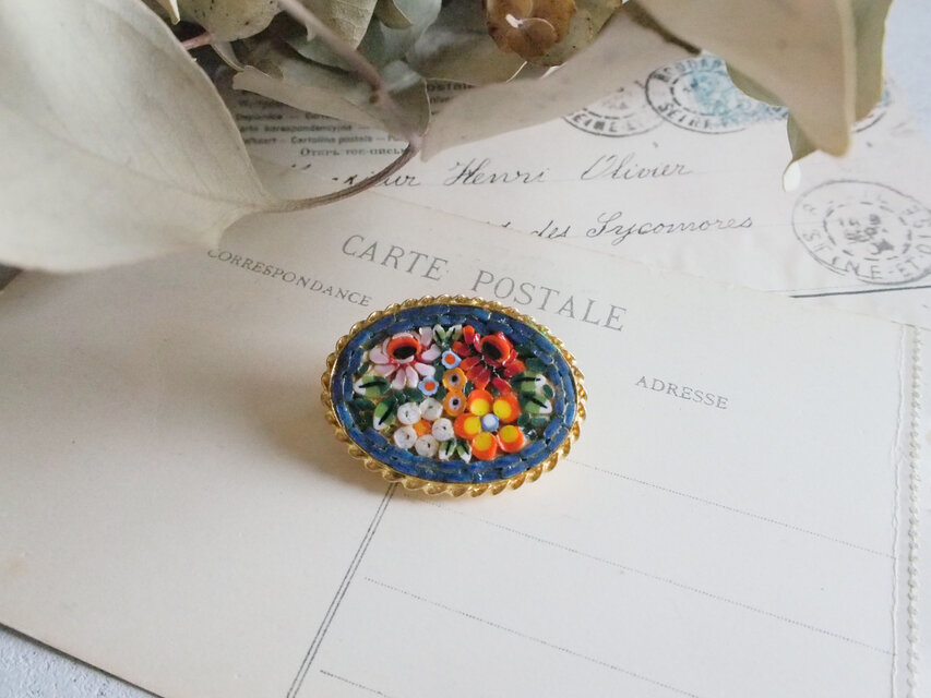 ロコ様専用伊アンティーク XPのマイクロモザイクブローチ 完品 繊細な