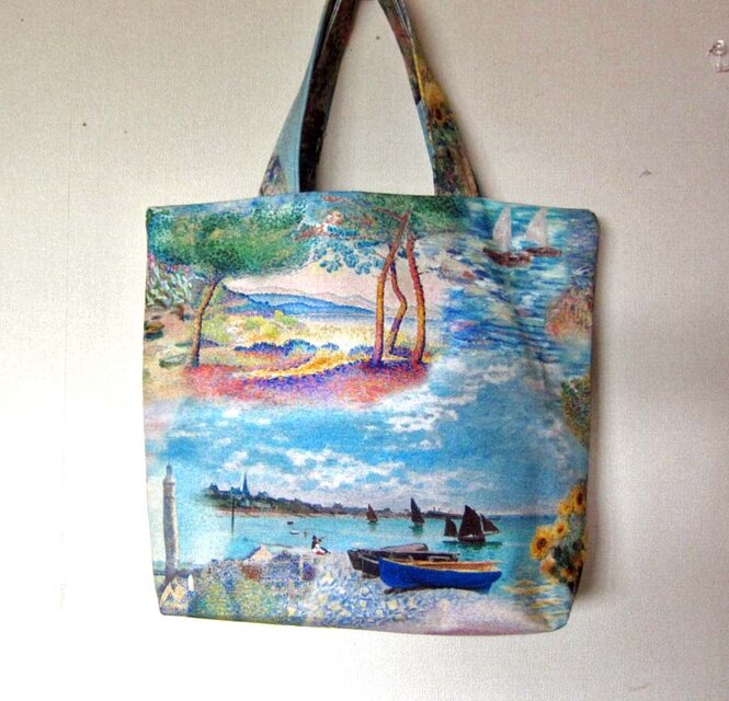 1点物　Cオランダ生地　水彩画の世界トートバッグ　　海　コテージ　ヨット　花　樹　ひまわり　人