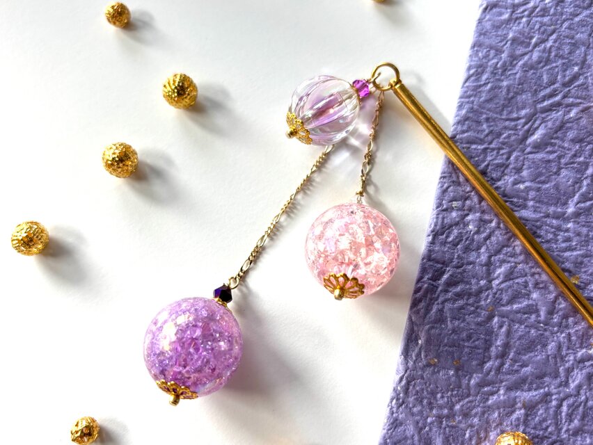 かんざし　かき氷の様なクラックビーズ　紫＆ピンク　一本挿し　一本簪　涼しげ　夏　和風　パープル　ゴールド