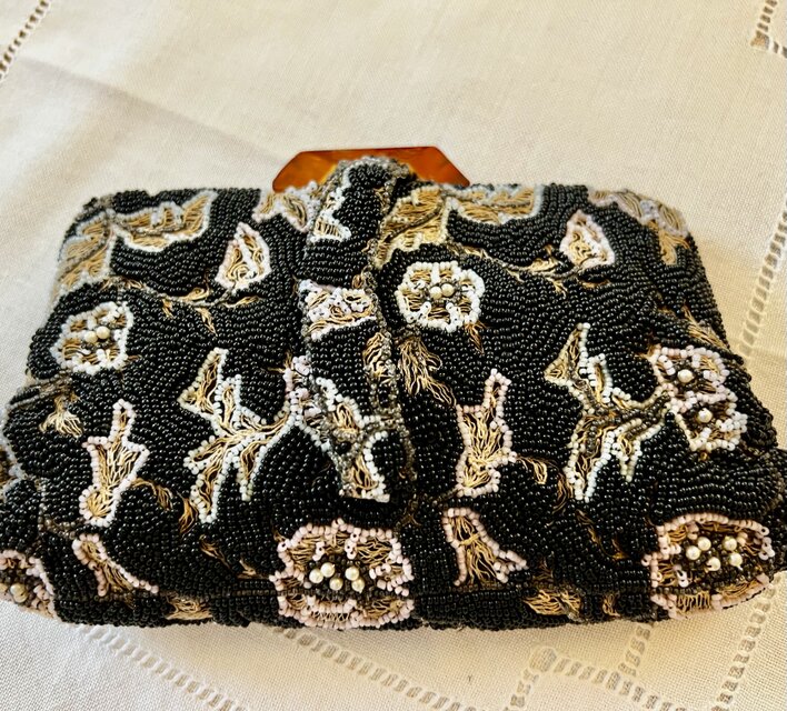 パーティバッグ フランス アンティーク 総ビーズ 刺繍 総ビーズ 刺繍 パーティーバッグ ゴールド シェル 3way