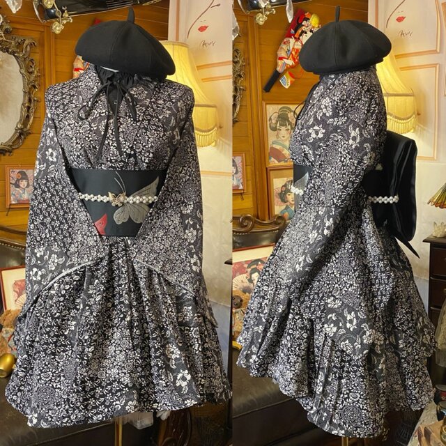 着物 ミニ丈 ワンピース ドレス 和ロリ 2部式作り帯 名古屋帯