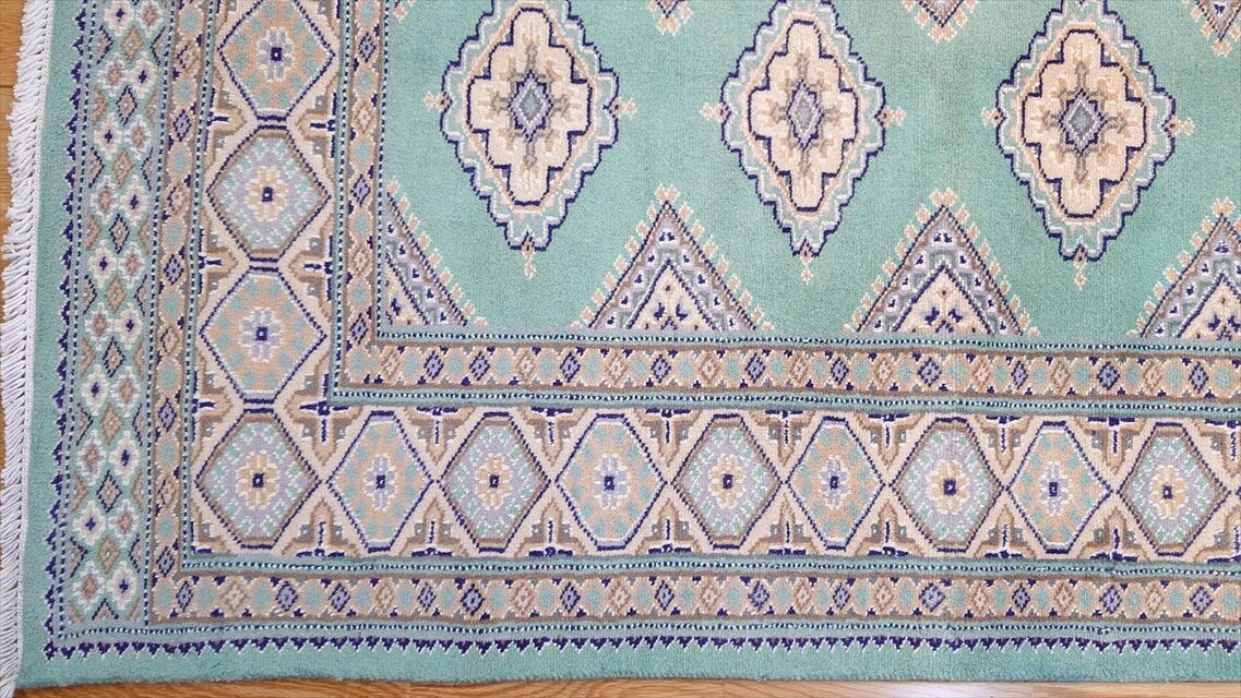 パキスタン絨毯 ラグ 200x136cm 軽くて畳める手織りラグ グリーン