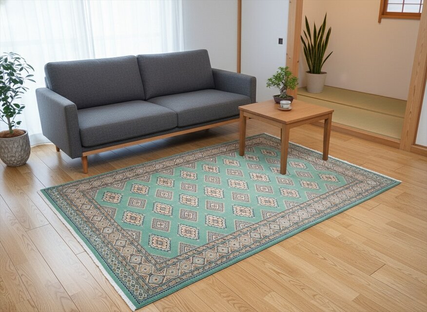 パキスタン絨毯 ラグ 200x136cm 軽くて畳める手織りラグ グリーン