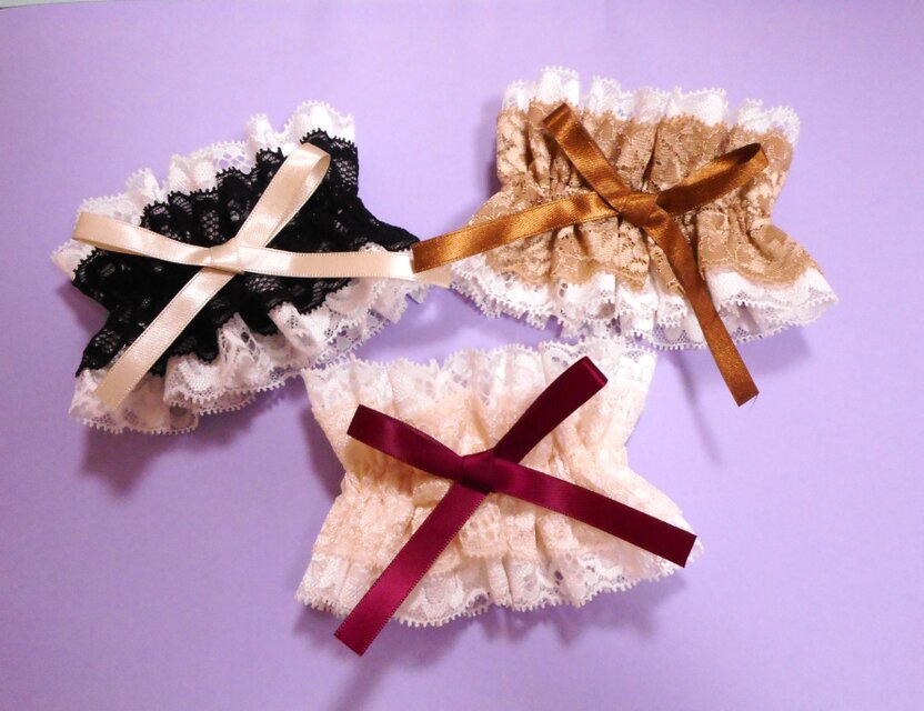 3種×11色リボン✩ダブルレースのシュシュ（ホワイト×黒・モカ・薄ピンク）お袖留め・カフス飾りにも