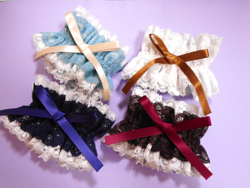 4種×11色リボン✩ダブルレースのシュシュ（ごく薄い水色×黒・茶・白・ターコイズ）お袖留め・カフス飾りにも LB045