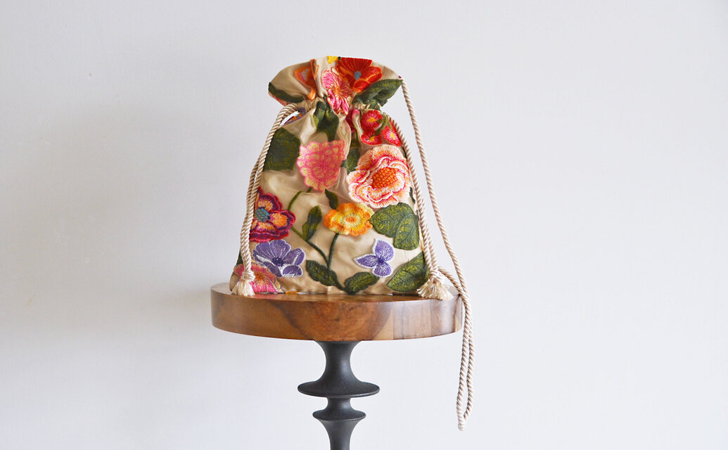 数量限定！チュールフラワー刺繍3way巾着ショルダーバッグ