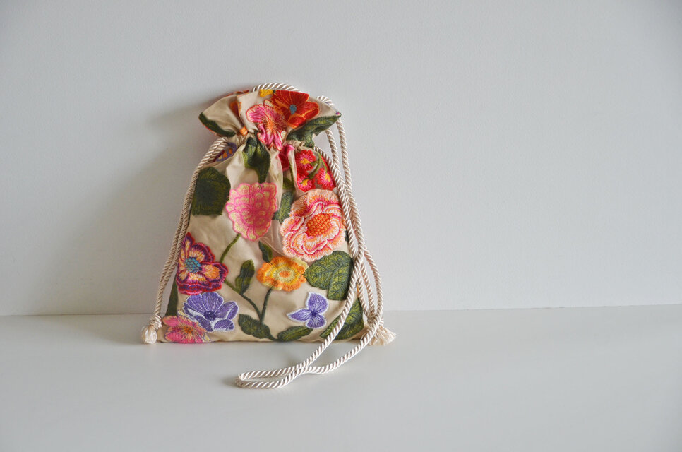 数量限定！チュールフラワー刺繍3way巾着ショルダーバッグ