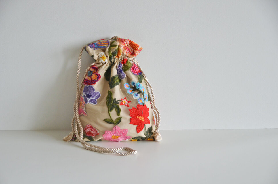 数量限定！チュールフラワー刺繍3way巾着ショルダーバッグ