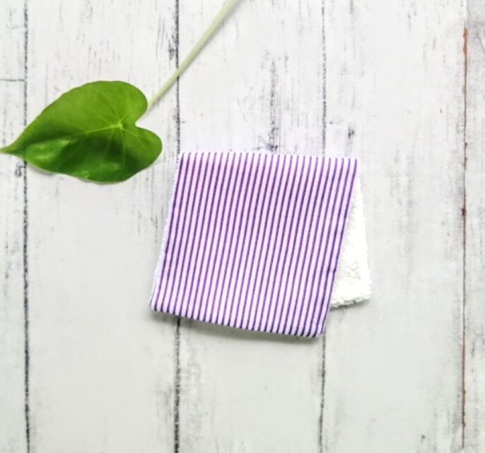 ストライプ　ハーフハンカチ　ハンカチタオル　紫と白　コットン　マイクロファイバー　名入れ