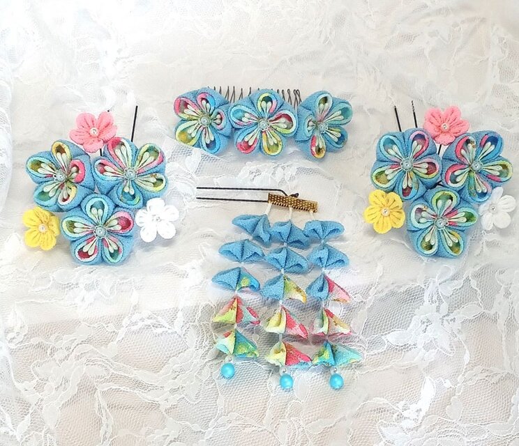 七五三　７歳　水色着物　おしゃれ　コーディネート一式　簪セット付き 七五三 7歳 水色着物 おしゃれ コーディネート一式 簪セット付き