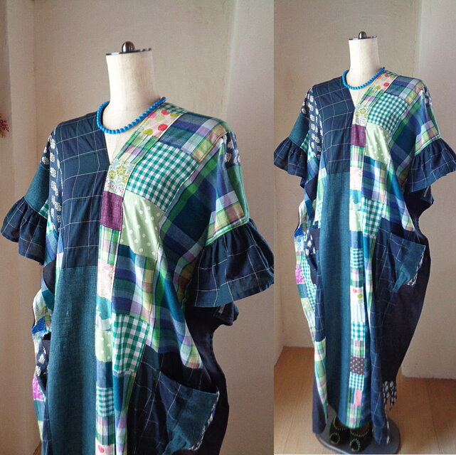 sold 絵画なパッチワーク♥ドレープワンピース♥ゆったり♥マキシ丈♥ネイビーグリーン