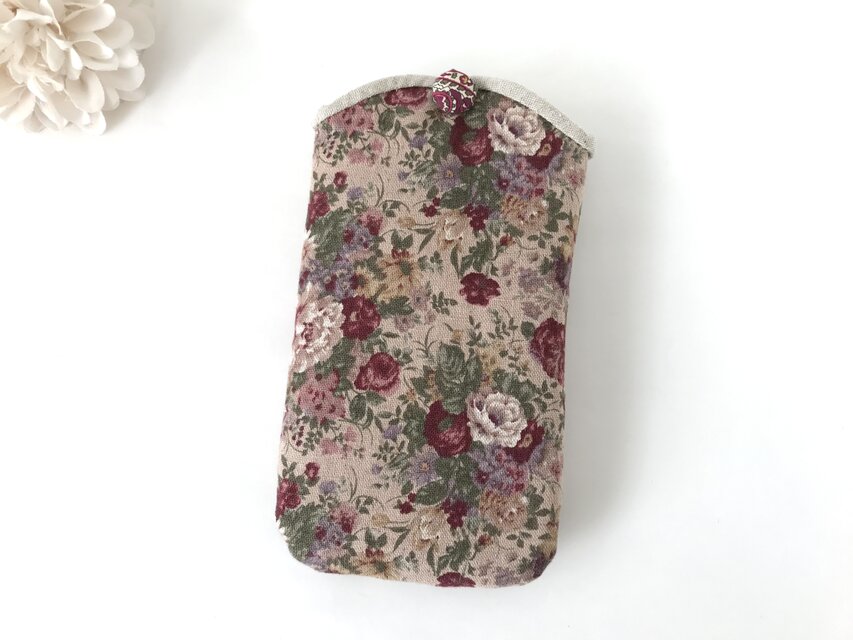 スマホケース スマホポーチ iphoneケース iphoneポーチ 花柄 ベージュ×バーガンディ yuwa 布 スリム