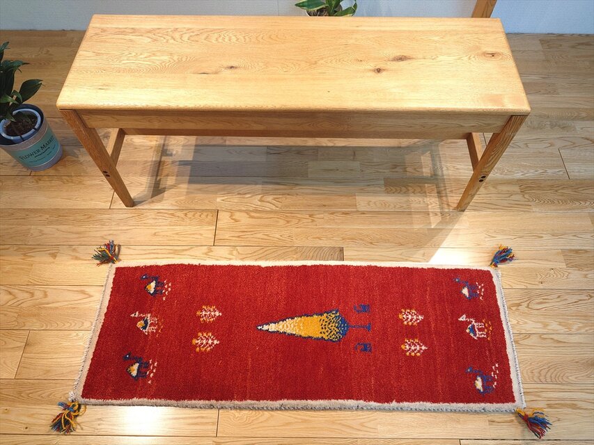 ペルシャ ギャッベ ミニランナー ラグ 115x40㎝ 茜色 ベージュ 糸杉