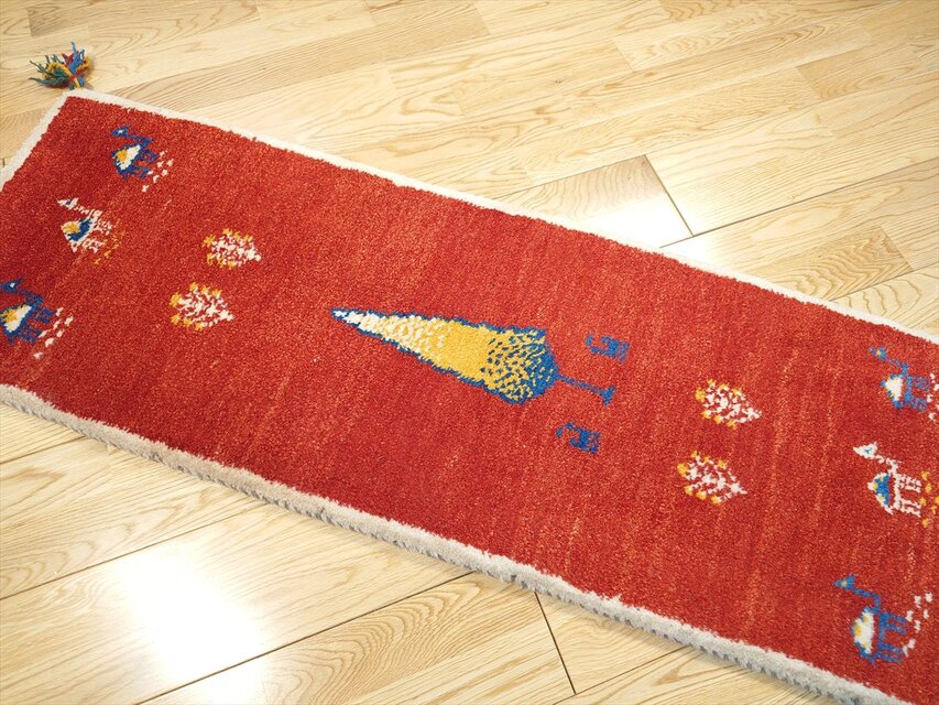 ペルシャ ギャッベ ミニランナー ラグ 115x40㎝ 茜色 ベージュ 糸杉