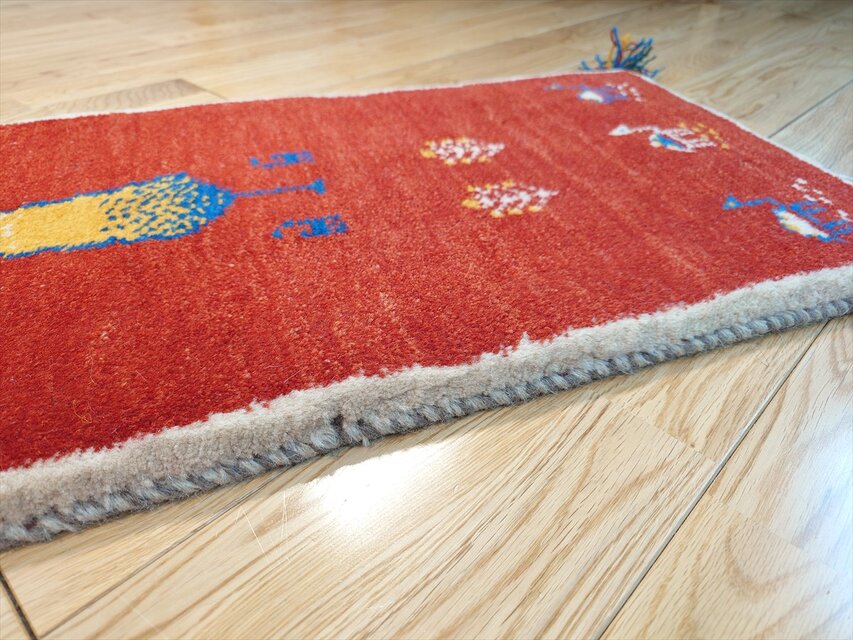 ペルシャ ギャッベ ミニランナー ラグ 115x40㎝ 茜色 ベージュ 糸杉