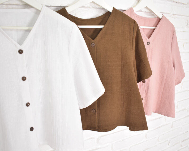 涼しげナチュラル＊コットン素材のVネックブラウス　ホワイト　ブラウン　ピンク