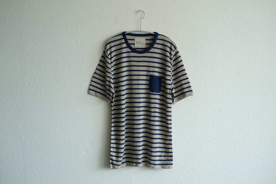 リネンニットボーダー半袖プルオーバー（生成×ネイビー）｜メンズフリーサイズ