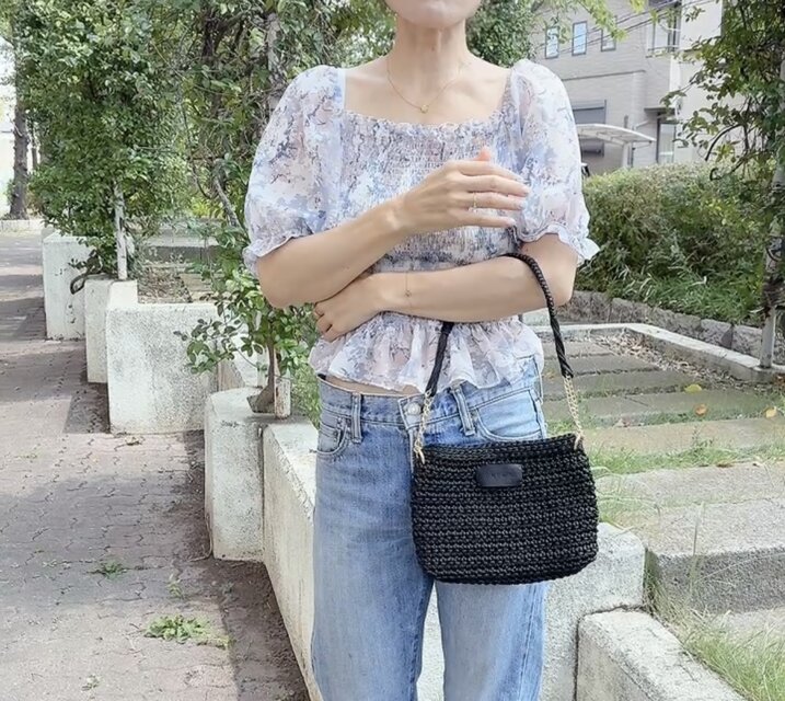 コード編みのハンドバッグ ブラック皮革タグ