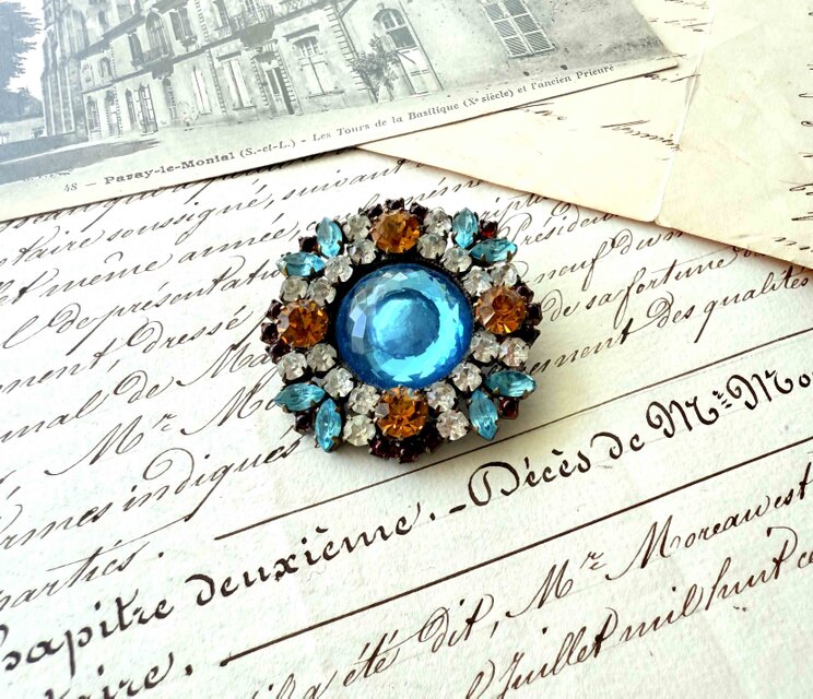 チェコヴィンテージボタン／キラキラカラフルビジューボタンブローチ