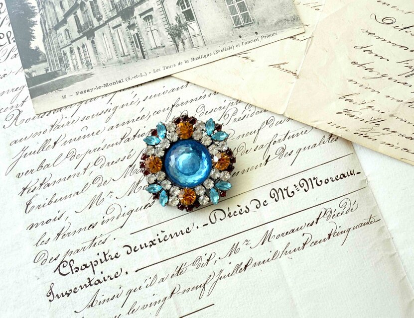 チェコヴィンテージボタン／キラキラカラフルビジューボタンブローチ