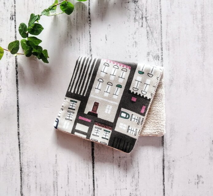 北欧風ビルディング　ハーフハンカチ　ハンカチタオル　ふわふわ　名入れ