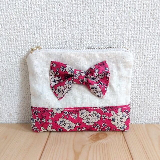 リボン　ミニ12cm☆撥水加工の花柄小さめフラットポーチ　生成帆布×マゼンタピンク　918
