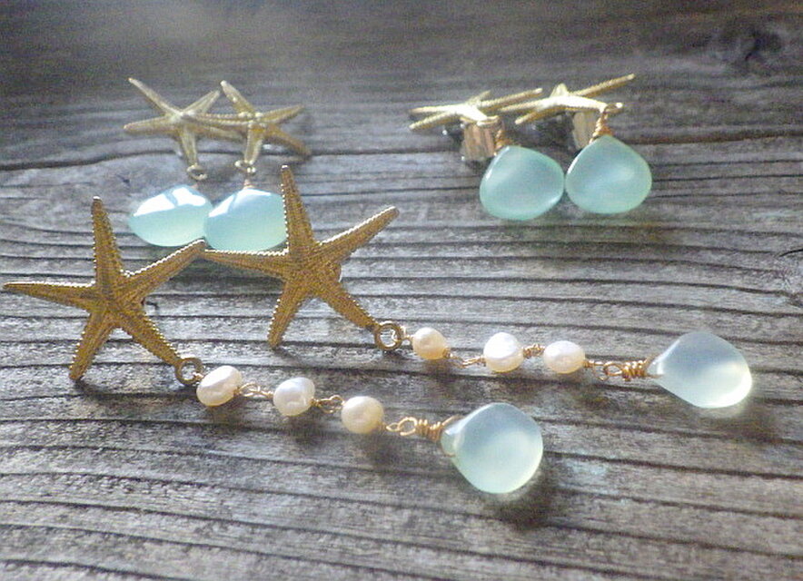 Mermaid Beach Earring ---人魚の耳飾り・ヒトデとカルセドニー
