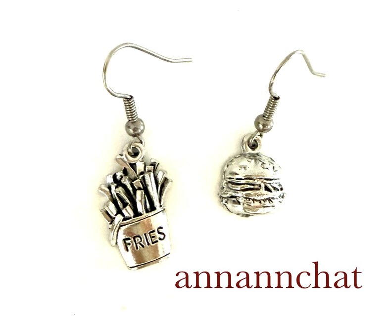 【アメリカ製　ハンバーガー　フライドポテト　揺れる　ピアス】ファーストフード　