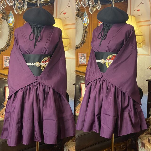 展示品　◇着物リメイク◇  ドッキングワンピース　ベルト付き　紺×紫　1点もの 展示品 ◇着物リメイク◇ ドッキングワンピース ベルト付き 紺×紫 1点もの