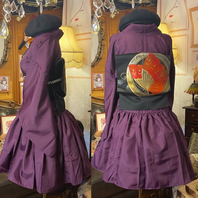 色無地 着物 ミニ丈 ワンピース ドレス 和ロリ 2部式作り帯 名古屋帯