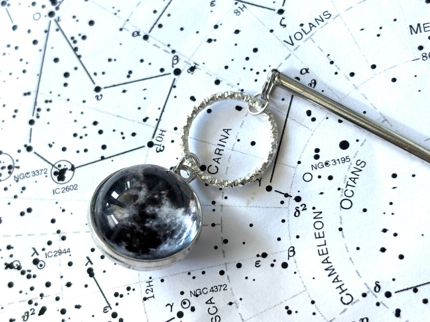 かんざし　満月とシルバーリング　一本挿し　一本簪　夏　シンプル　普段使い　洋風　クリア　宇宙　夜空　星空