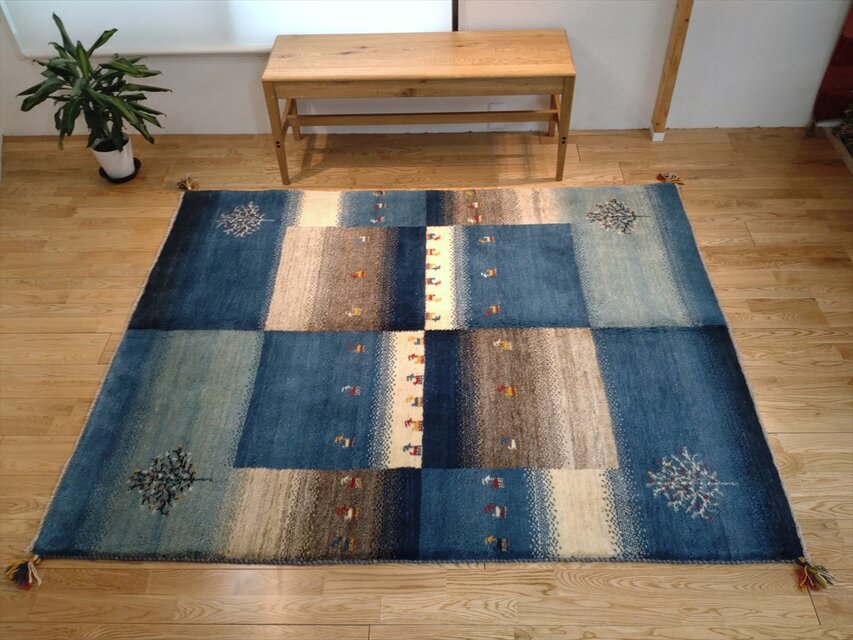 ペルシャ ギャッベ リビング ラグ 190x150cm 青色 グレー ザクロ ペルシャ ギャッベ リビング ラグ 190x150cm 青色 グレー ザクロ