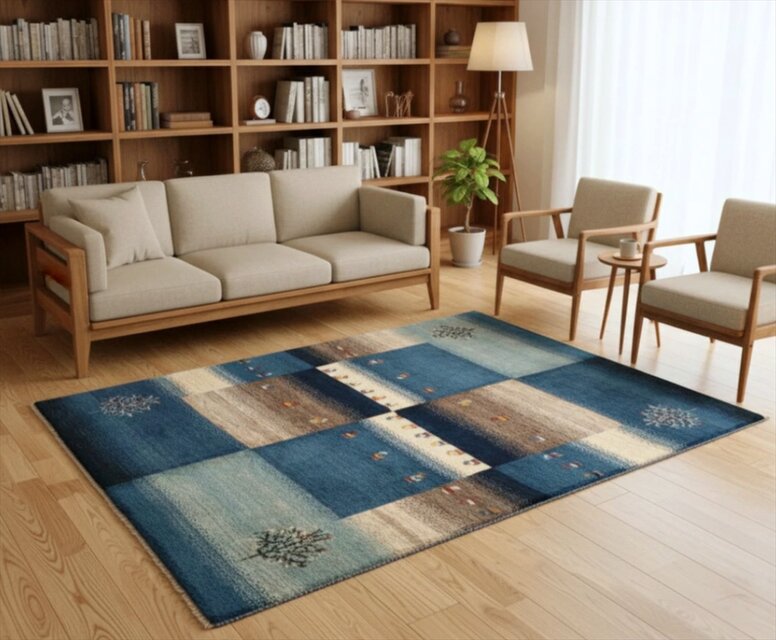 ペルシャ ギャッベ リビング ラグ 190x150cm 青色 グレー ザクロの木