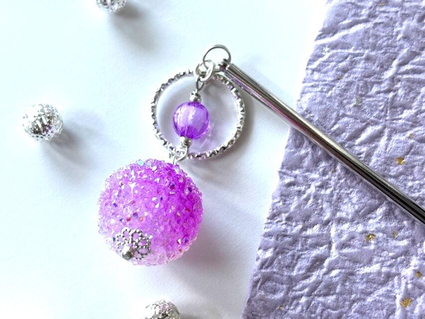 かんざし　かき氷の様なぶどうのビーズ　紫　パープル　一本挿し　一本簪　夏　シンプル　飴玉　シルバー　