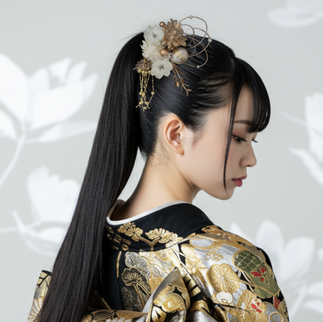 白×金と枝垂れパールの髪かざり GW70　白無垢　成人式　卒業式　成人式髪飾り　結婚式髪飾り　ヘアアクセサリー　振袖　着物