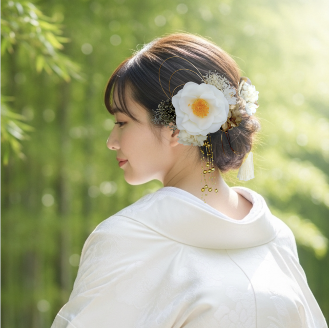 白椿と枝垂れパールの髪飾り No.CW15　髪飾り　成人式　卒業式　結婚式　着物　ヘアアクセサリー　髪かざり　振袖　袴　花嫁