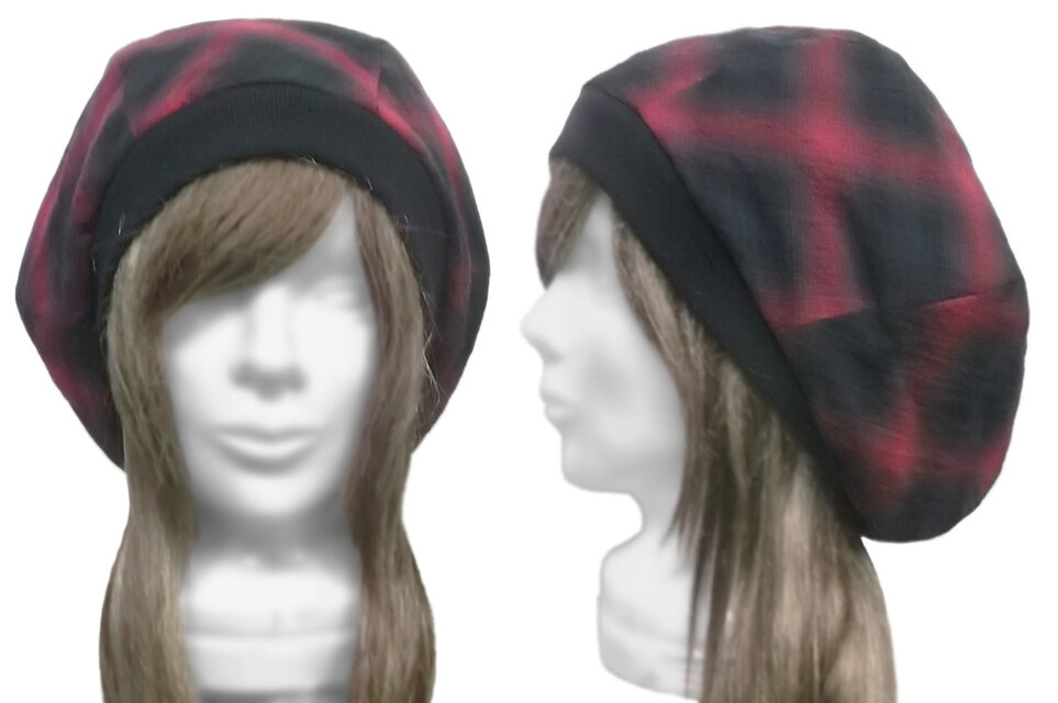 ゆったりルーズ・リブ付ベレー帽◆格子柄ハーフリネン(ワッシャー加工)／レッド×ブラック　◇小顔効果・オールシーズン着用◇